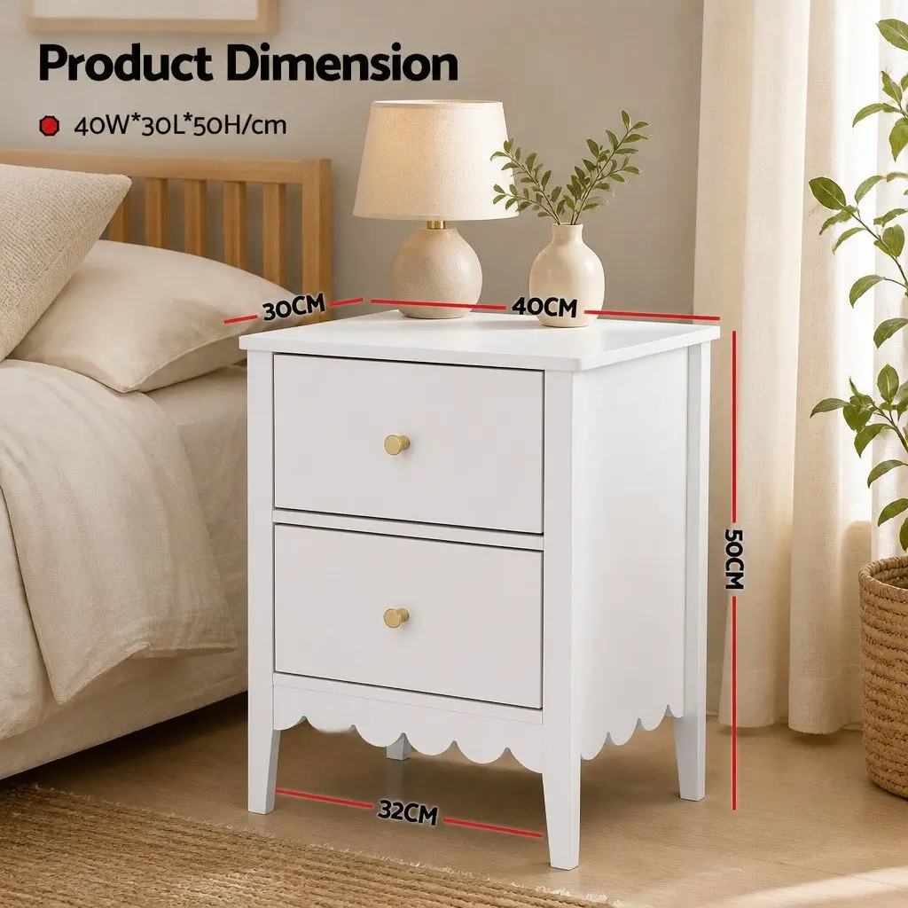 White Bedside Table with 2 Drawers for Bedroom Storage
