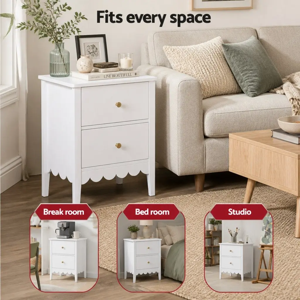White Bedside Table with 2 Drawers for Bedroom Storage
