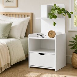 White Bedside Table with Drawer and Open Shelving