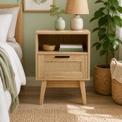 Rattan Bedside Table with Drawer and Open Storage