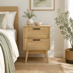 Rattan Bedside Table 2 Drawers Open Shelf Storage