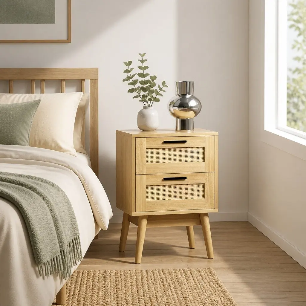 Rattan Bedside Table 2 Drawers Open Shelf Storage Wood 40cm W x 30cm D x 54cm H