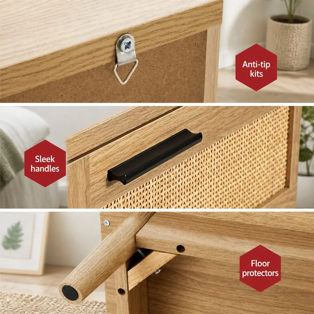 Rattan Bedside Table 2 Drawers Open Shelf Storage Wood 40cm W x 30cm D x 54cm H