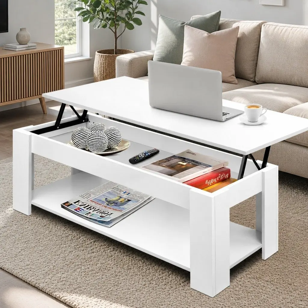 Lift-Top Coffee Table Space-Saving White Adjustable Height Hidden Storage 98 x 50 x 42cm