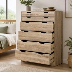 6 Drawer Tallboy Chest with Oak Finish and Storage Features