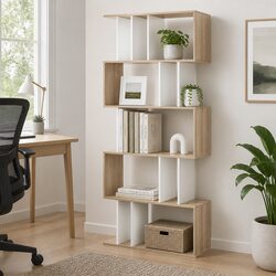 5 Tier Display Bookshelf in White and Wood Brown