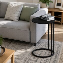 Industrial Black Round Coffee Table with C-Shape Frame