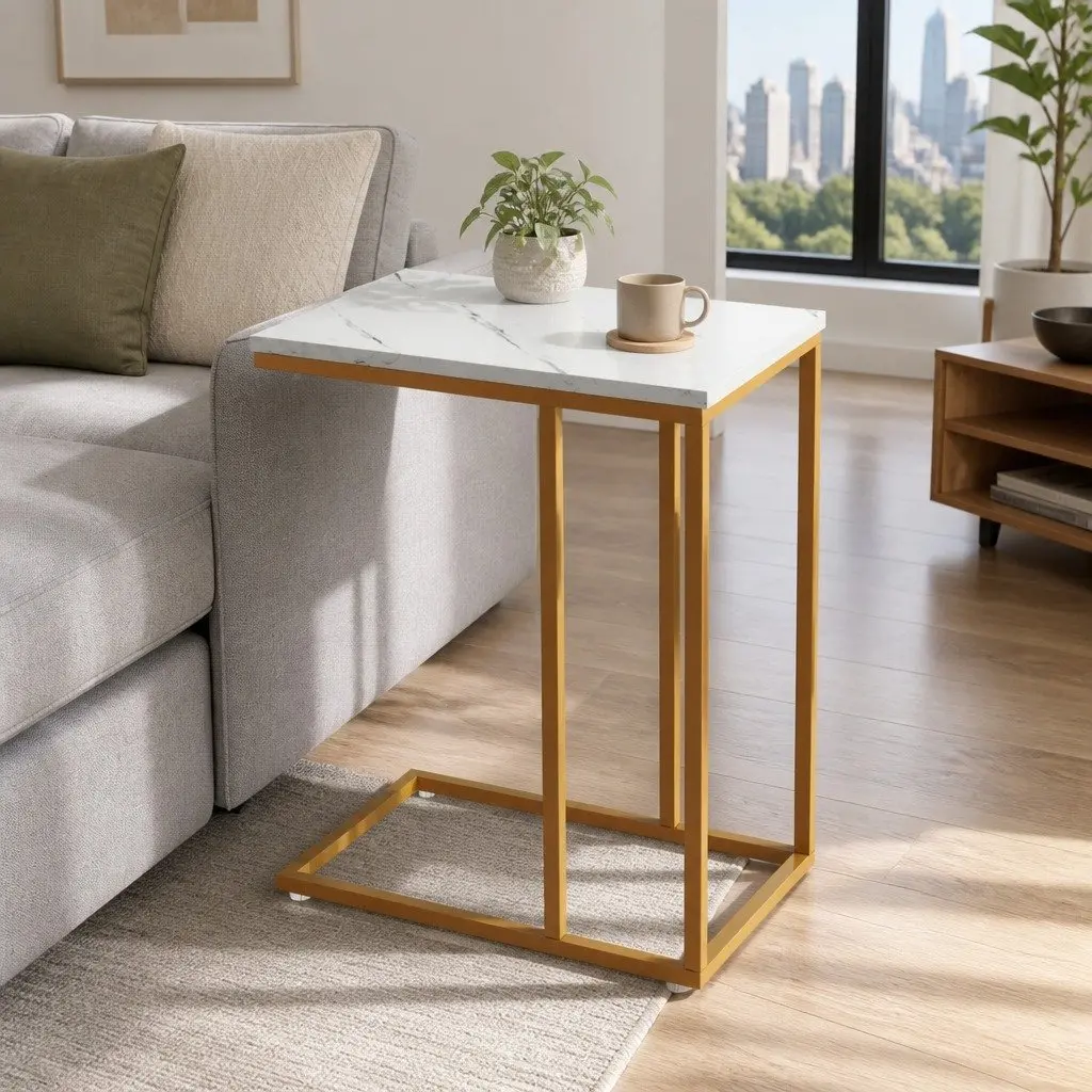 Side Table Coffee Table Marble Effect White Industrial Style Living Room