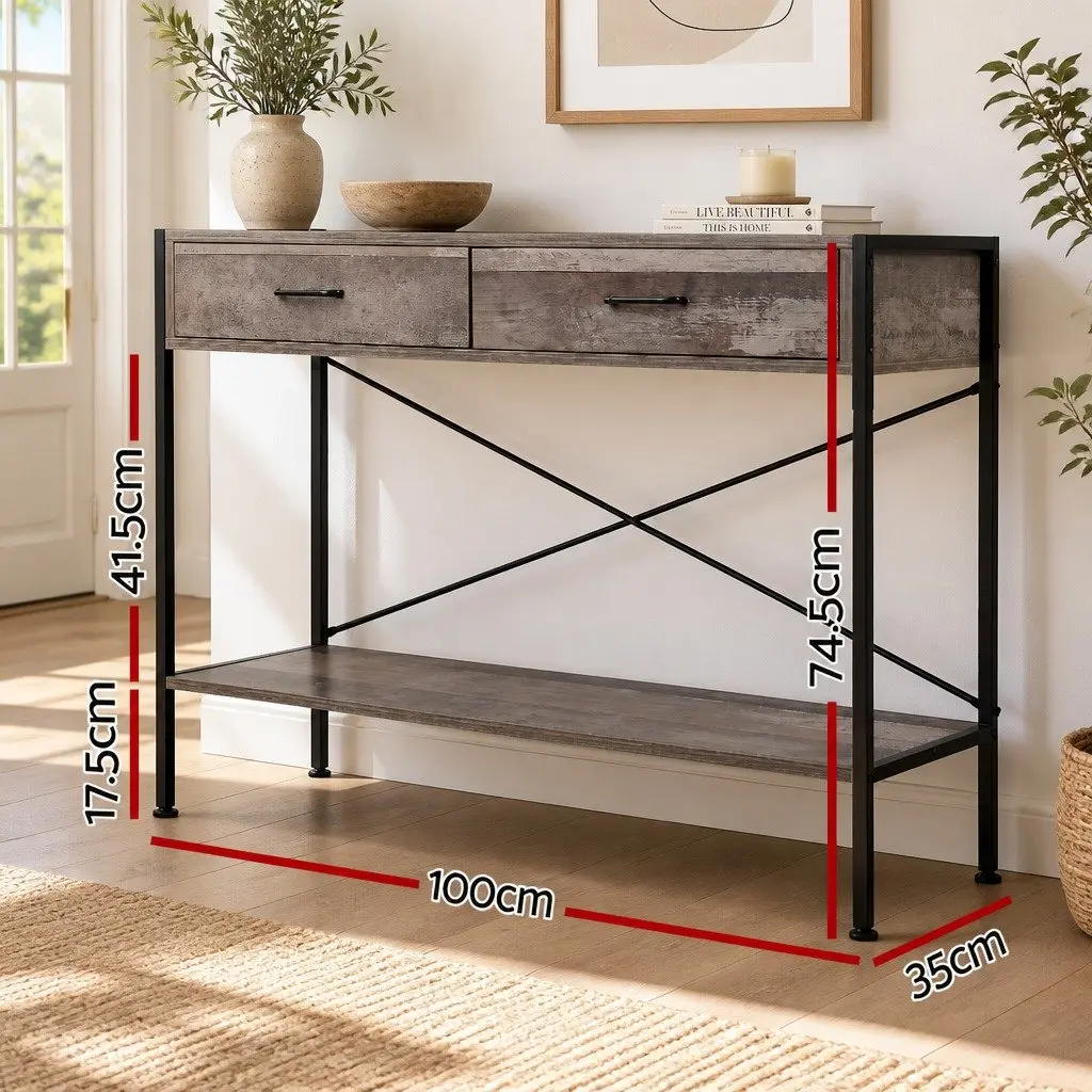 Console Table Storage 100cm Rustic 2 Drawers Particle Board