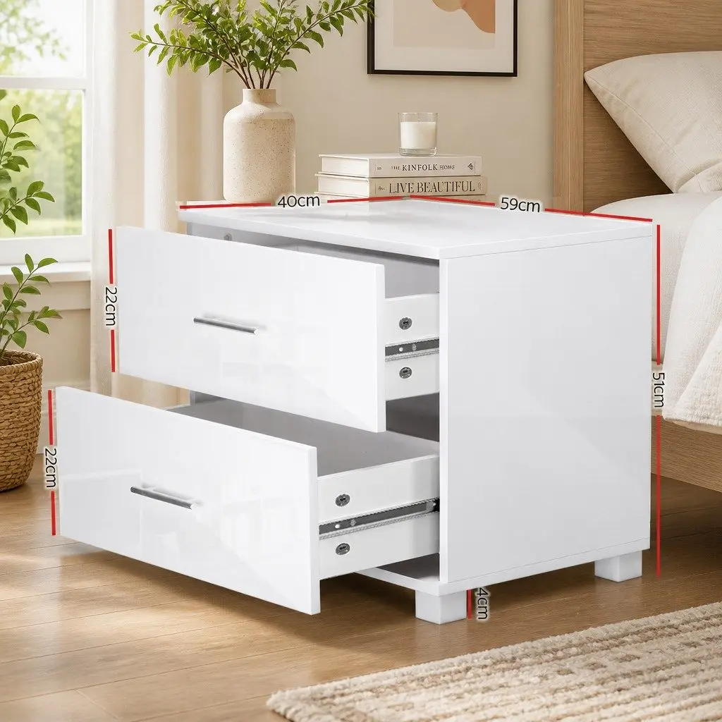 Bedside Table White High Gloss 2 Drawer 59cm x 40cm x 51cm Storage Cabinet