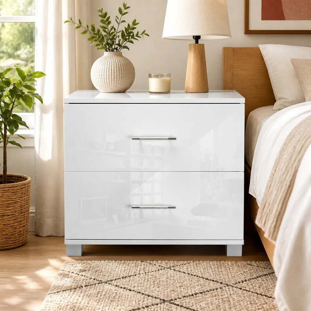 Bedside Table White High Gloss 2 Drawer 59cm x 40cm x 51cm Storage Cabinet