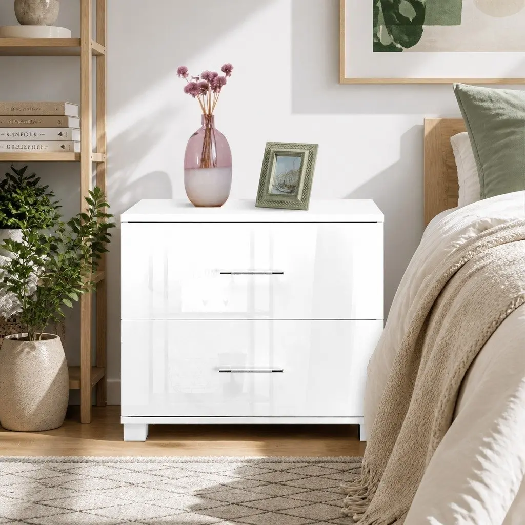Bedside Table White High Gloss 2 Drawer 59cm x 40cm x 51cm Storage Cabinet
