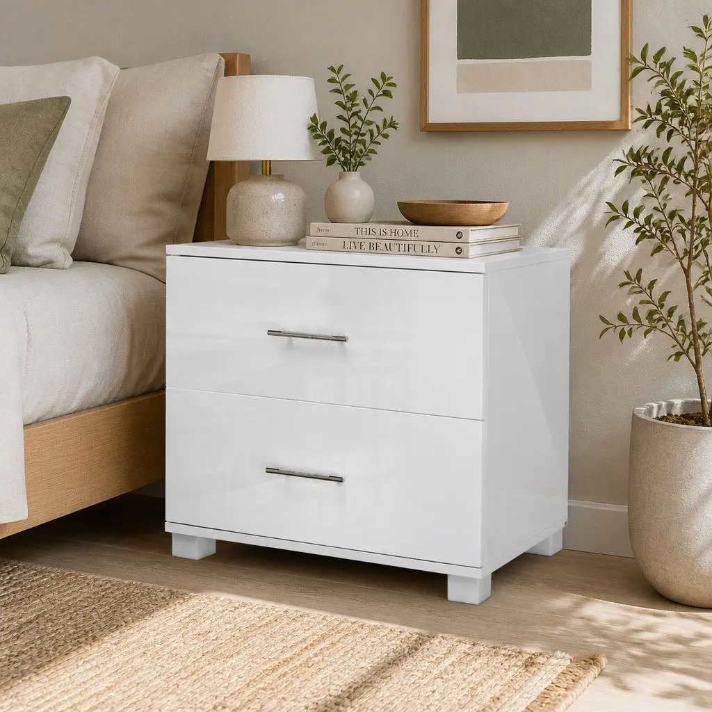 Bedside Table White High Gloss 2 Drawer 59cm x 40cm x 51cm Storage Cabinet