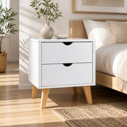 Two Drawer Bedside Table in White with Rubber Wood Legs