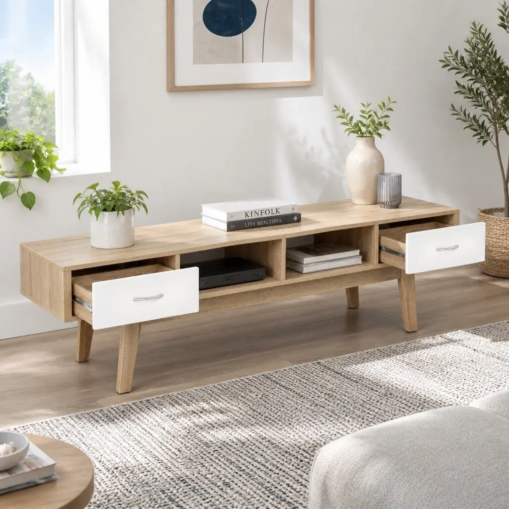 TV Unit Scandinavian Style Storage 180cm Two-Tone Oak White