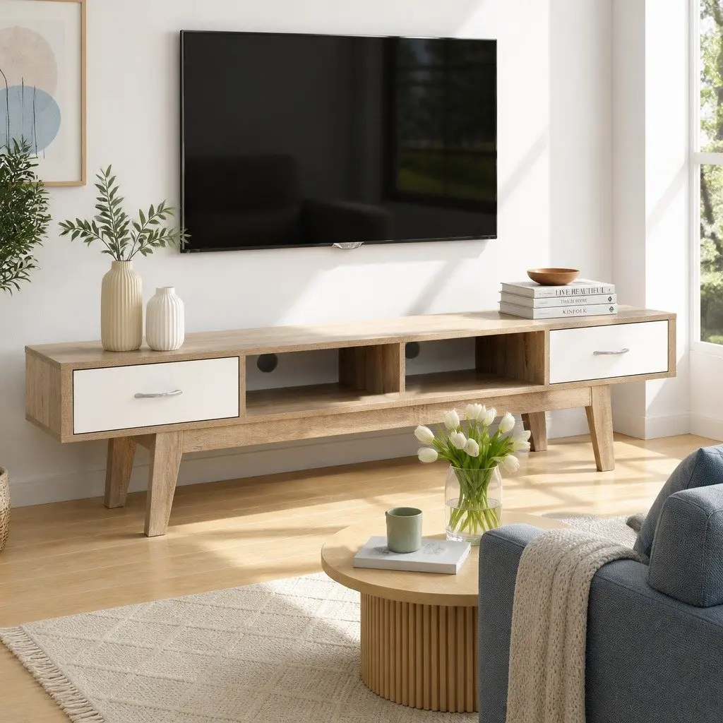 TV Unit Scandinavian Style Storage 180cm Two-Tone Oak White