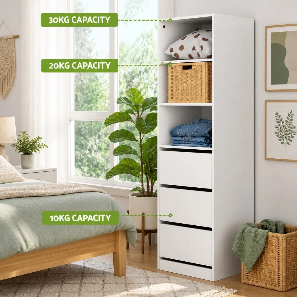 Tallboy Storage Cabinet 3 Drawer Chest of Drawers White Bedroom Dresser Adjustable Shelves