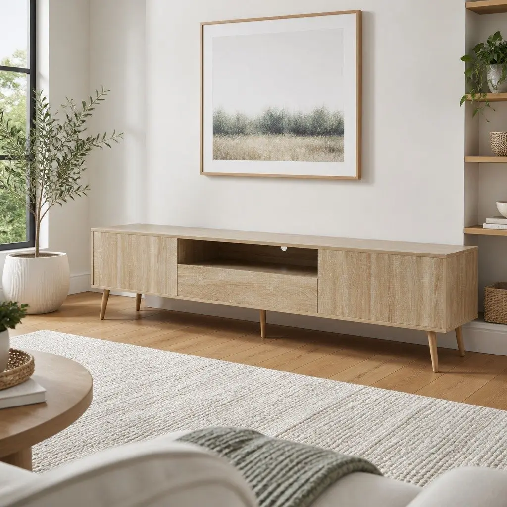 TV Unit Storage Cabinet 200CM Open Shelf Natural Wood