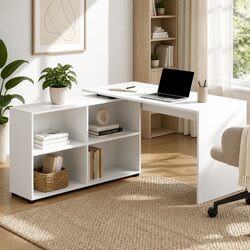 L-Shaped Corner Workstation with Adjustable Bookcase