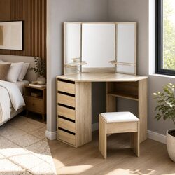 5-Drawer Oak Dressing Table Stool Set with Mirror