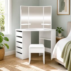 Corner Dressing Table with Stool: 5 Drawers & Mirror