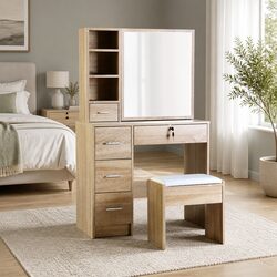 Functional Oak Dressing Table Set with Padded Stool