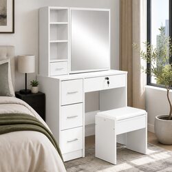 Modern White Vanity Stool Set with Sliding Mirror