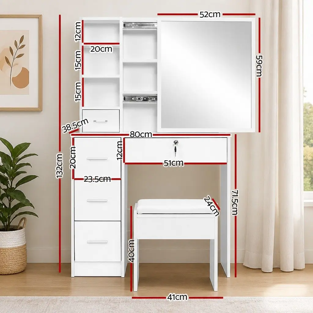 White Vanity Stool Set with Sliding Mirror