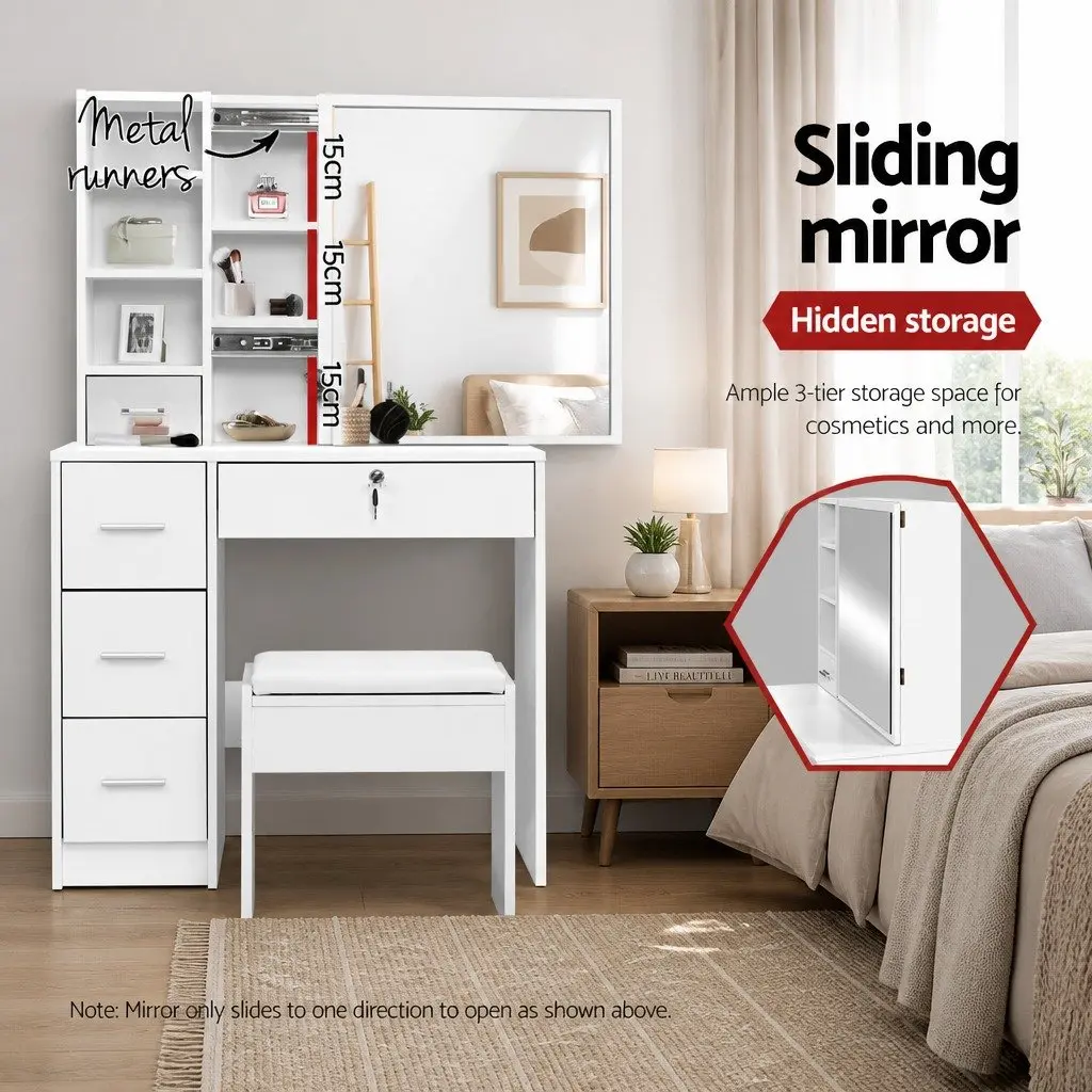White Vanity Stool Set with Sliding Mirror