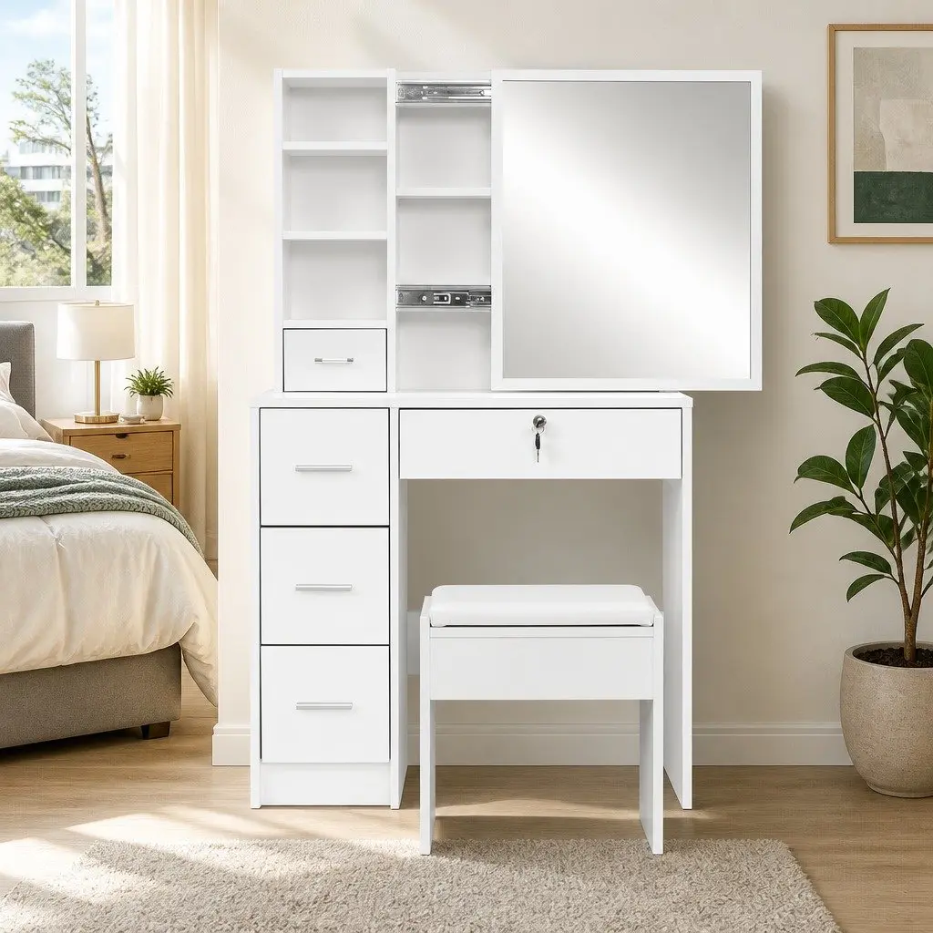 White Vanity Stool Set with Sliding Mirror