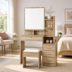Dressing Table Stool Set with 4 Drawers in Oak Finish
