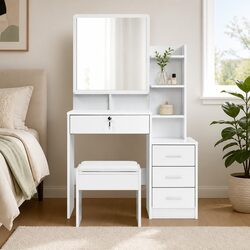Functional White Dressing Table with 4 Drawers and Stool