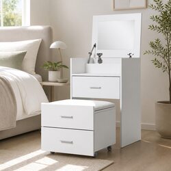 Functional 2-in-1 Bedside Dressing Table and Stool Set