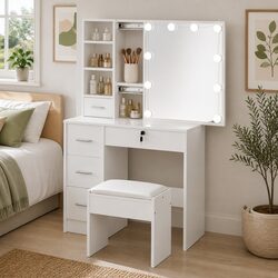 Hollywood Makeup Vanity Table with Stool and Shelves