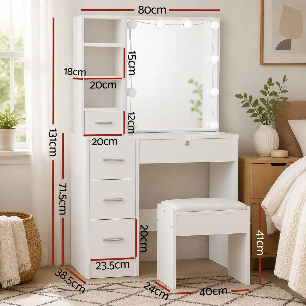 Dressing Table Set with Hollywood Mirror LED Bulbs Foam Padded Stool White