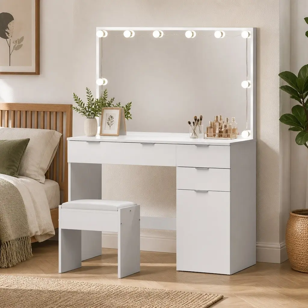 LED Dressing Table Set with Stool and Mirror White 105cm