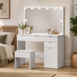 LED Dressing Table with Stool and Storage Drawers in White