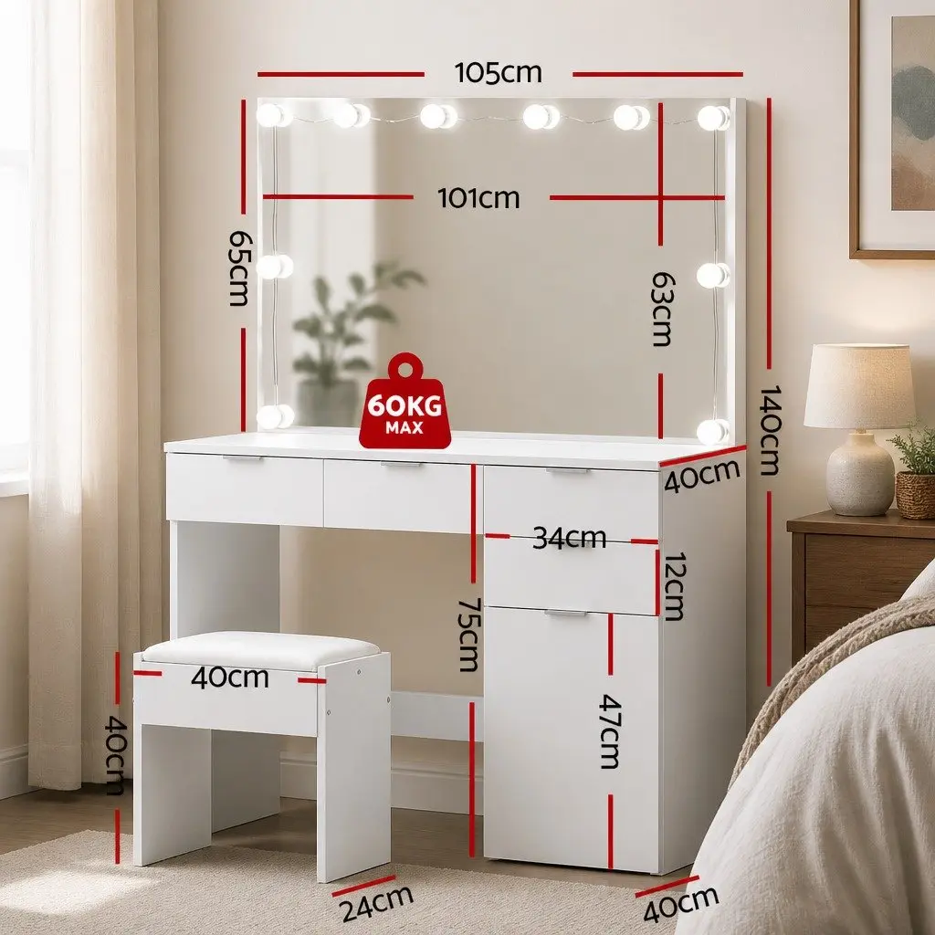LED Dressing Table Set with Stool and Mirror White 105cm