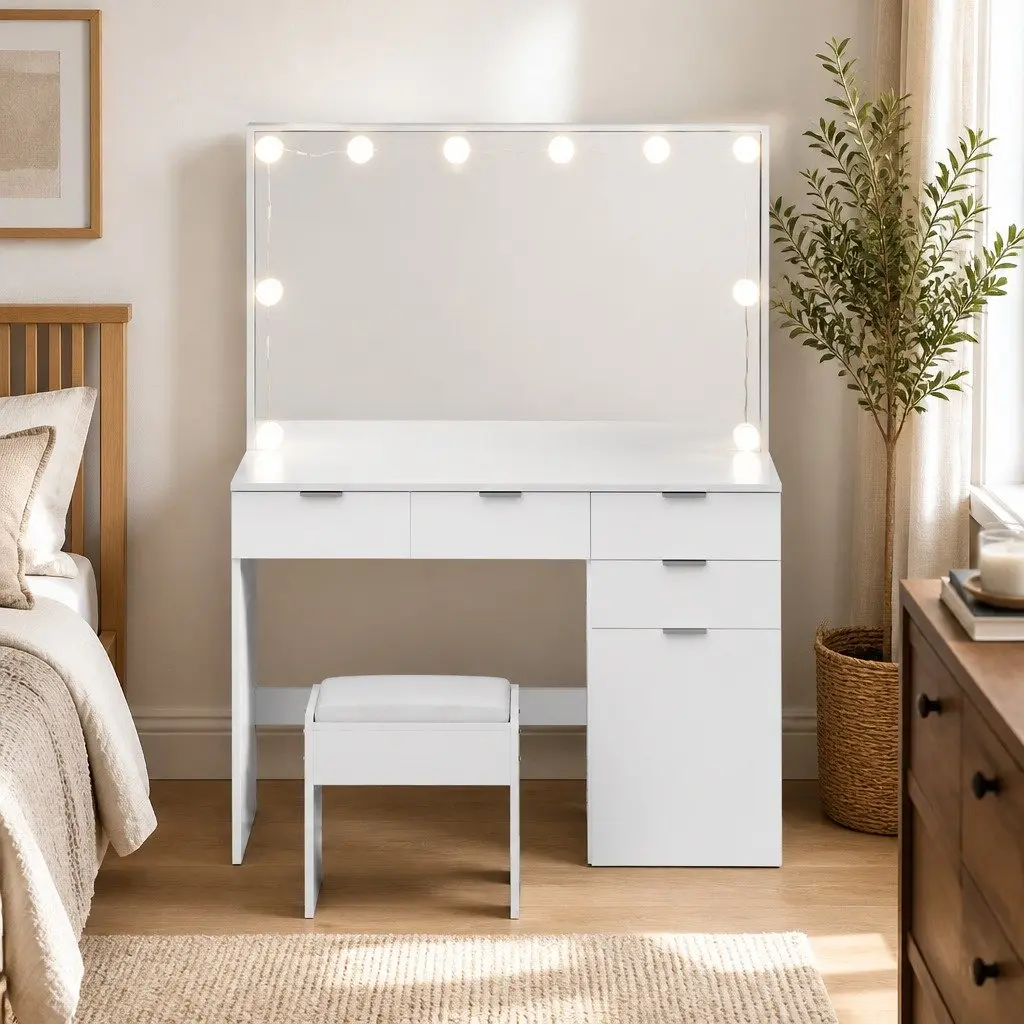 LED Dressing Table Set with Stool and Mirror White 105cm