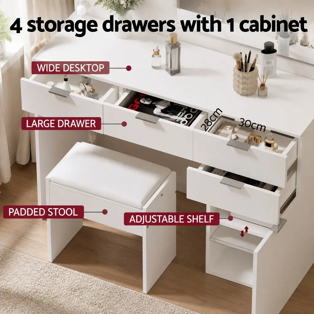 LED Dressing Table Set with Stool and Mirror White 105cm