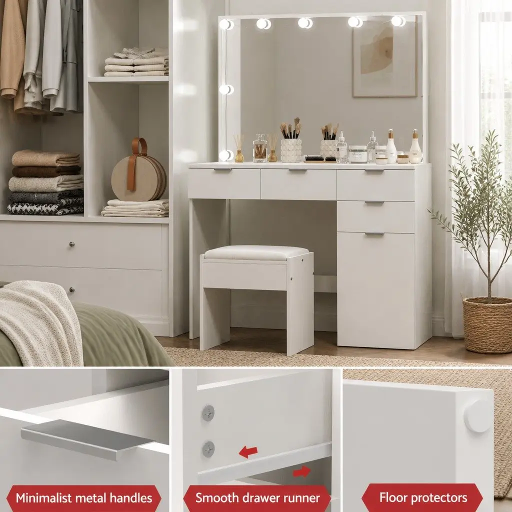 LED Dressing Table Set with Stool and Mirror White 105cm