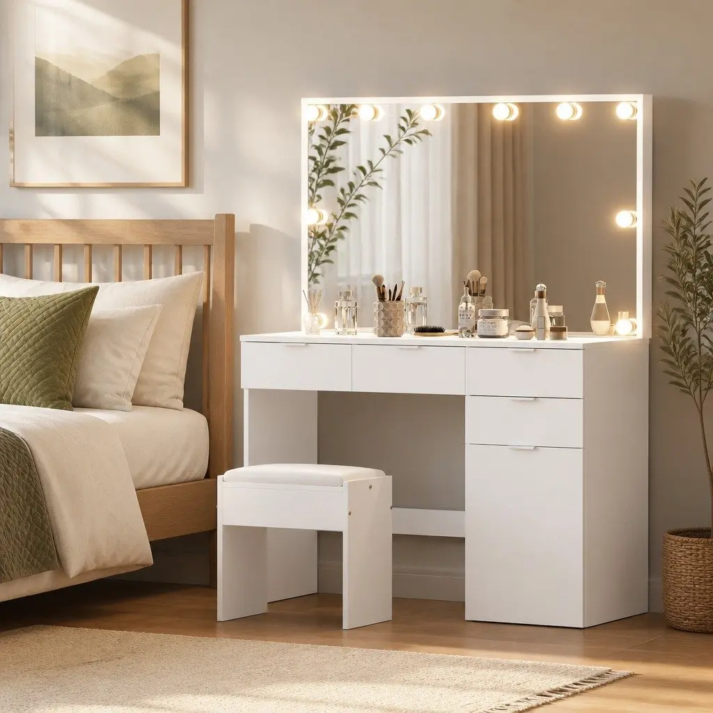 LED Dressing Table Set with Stool and Mirror White 105cm