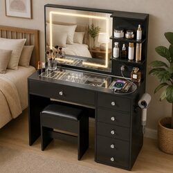 Functional Dressing Vanity Desk with LED Mirror and Stool