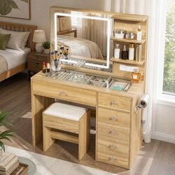 Vanity Desk Set with LED Mirror and Drawers