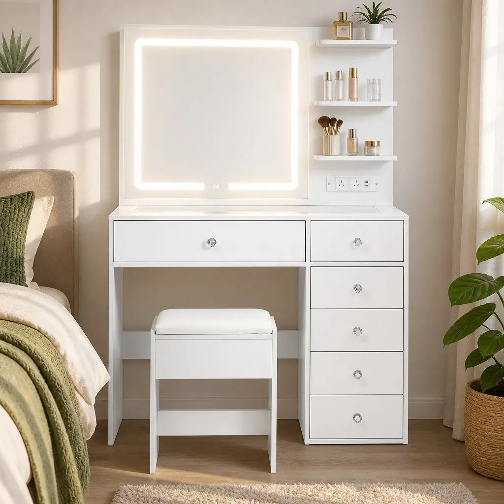 Dressing Table LED Vanity Mirror Adjustable Lighting White with Stool and Storage Drawers