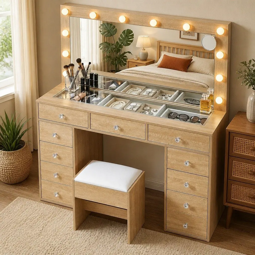 Vanity Desk with LED Mirror and Drawers