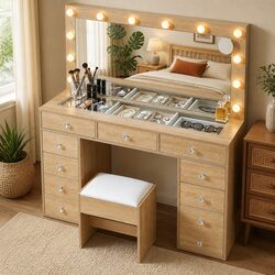 Functional Vanity Desk with LED Mirror and Drawers