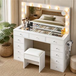 White Vanity Desk with LED Mirror and Storage
