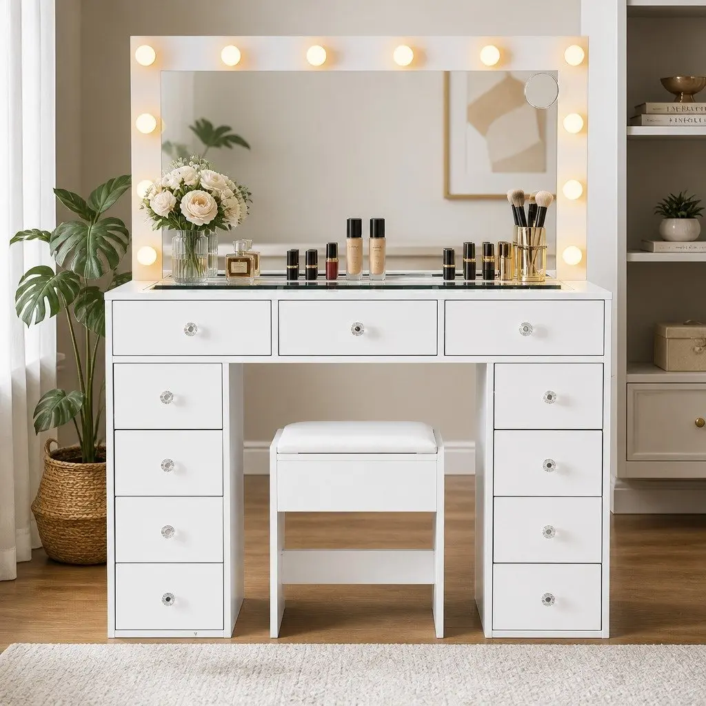 Dressing Table Vanity Desk with LED Mirror White 120cm Modern Makeup Station with Stool