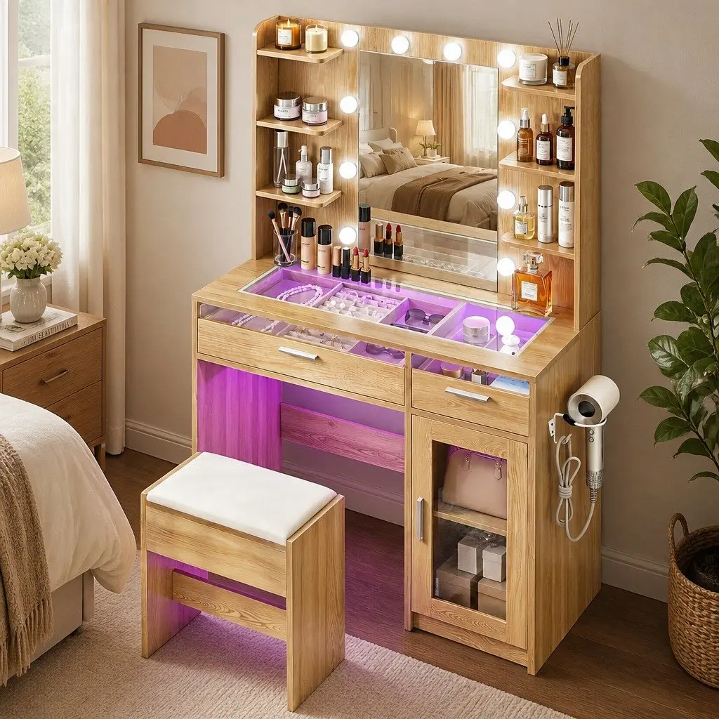 Dressing Table Vanity Desk with LED Mirror Storage Drawers Wood